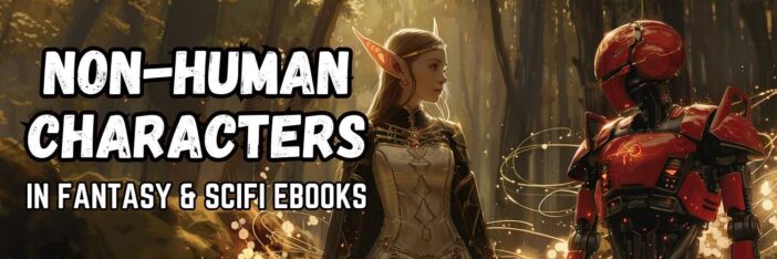 An elf princess and a red robot stand together in a dark wood.