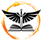 A black and white logo with a sword and a book; Southwark Publishing logo