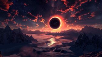 A magical eclipse fantasy, where ancient mountains are bathed in the mystical glow of celestial alignment.
