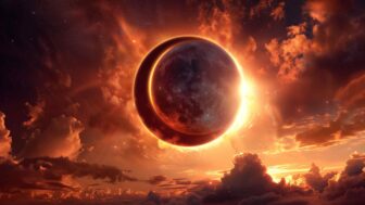 A fantasy image of an eclipse with the moon over a dark sun.