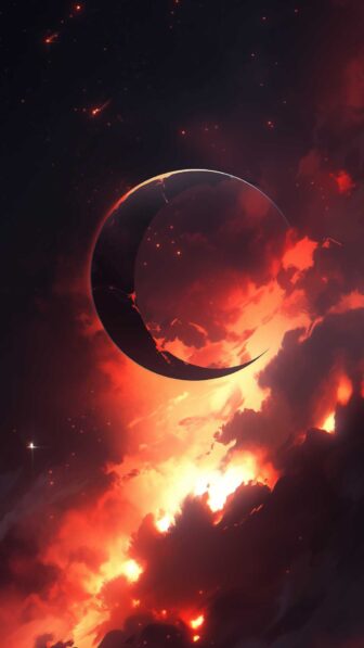 A space-themed eclipse image, showcasing distant galaxies and stars as clouds behind the disc of the moon.