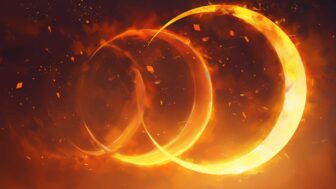 A refracted eclipse with three separate planets and suns.
