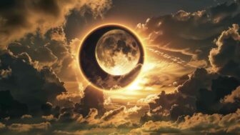 A mystical eclipse in a fantasy realm, with the moon highlighted with its own light.