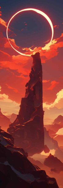 An enchanting fantasy eclipse scene, featuring mythical mountains silhouetted against the celestial event.
