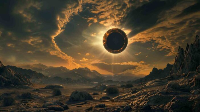 A mystical depiction of an otherworldly eclipse, casting ethereal light across a fantastical landscape. The moon is a black hole in the center.