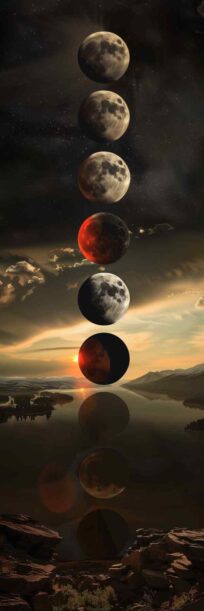 A sci-fi eclipse landscape, depicting alien moons and cosmic phenomena during this celestial event.