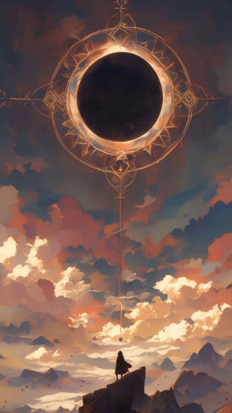 A magical eclipse scene with enchanting magician and ancient magic woven into the cosmic dance.