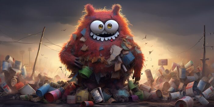 A red monster is standing in a pile of garbage.