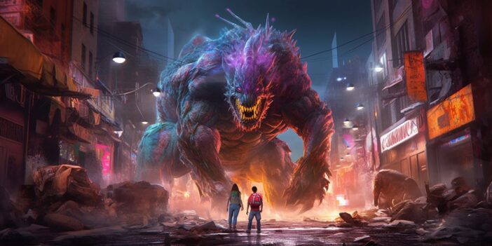 A man and woman looking at a giant monster.