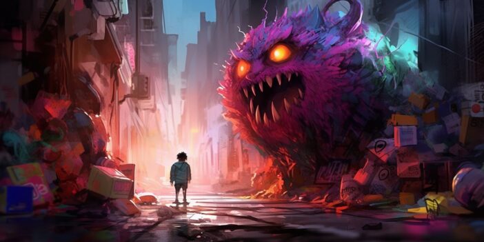 A person standing in a city with a giant monster in the background.