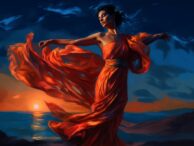 Isme, heroine from Daughter of Orpheus, wearing an orange greek robe