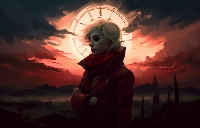 Ellie Sullivan, a grim reaper from Eternity's Echo, in front of a clock motif.