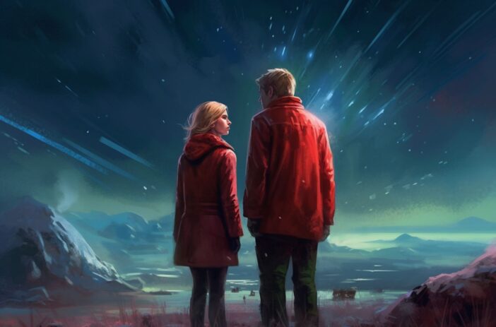 Ellie and her mentor Niles, both grim reapers from Eternity's Echo, looking at the stars falling from the sky.