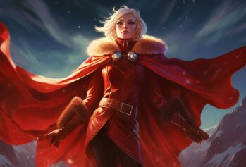 Ellie from Eternity's Echo. A grim reaper wearing a red cape standing in the snow.