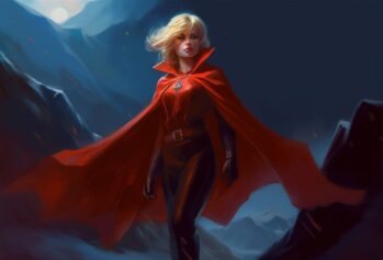Ellie from Eternity's Echo, this time in a superhero style red cape standing in the mountains.