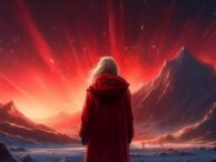 Viewed from behind, Ellie from Eternity's Echo wearing her red coat looking at a red sunset with falling stars.