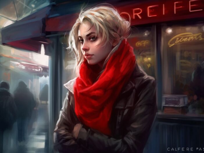 Ellie the grim reaper from Eternity's Echo, wearing a red scarf in front of a cafe.