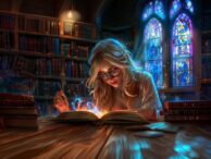 Banner for fantasy and science fiction ebook giveaways featuring a beautiful witch reading a magical book.