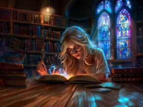 Banner for fantasy and science fiction ebook giveaways featuring a beautiful witch reading a magical book.