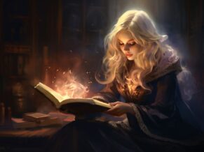 Banner image of a witch reading a magic book, theme of book reading.