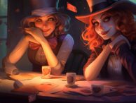 Alice in Wonderland, grown Alice and female Mad Hatter, playing cards and looking happy to be omninous.