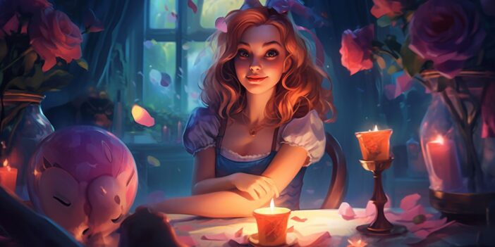 Alice in Wonderland sitting at a table with candles and flowers.