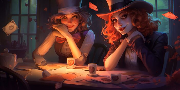 Alice in Wonderland, grown Alice and female Mad Hatter, playing cards over tea and looking happy to be omninous.