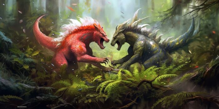 Two dragons fighting in the woods.