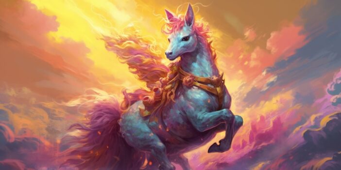 A blue horse with pink mane and wings.