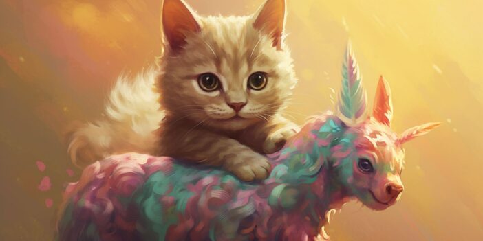 An image of a kitten riding a unicorn.