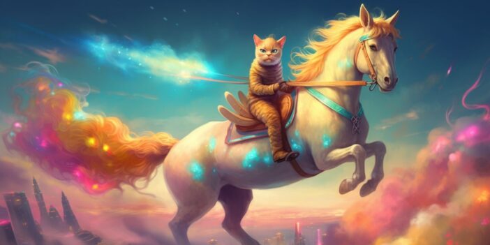 A cat riding a horse.