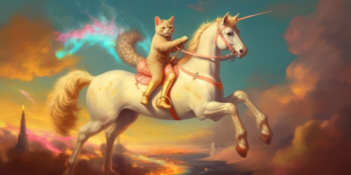 A cat riding a unicorn.
