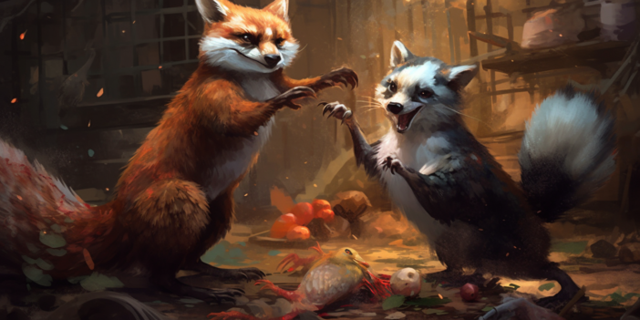 A fox and raccoon standing on hind legs, vaguely bird claws.