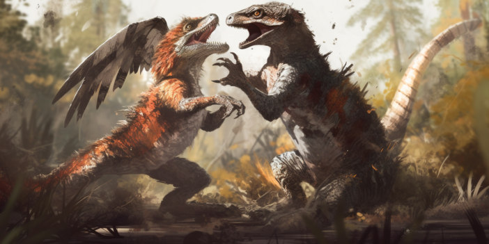 Two lizards with random feathers fighting in the woods.