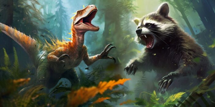 A dinosaur velociraptor and raccoon fighting in the woods.