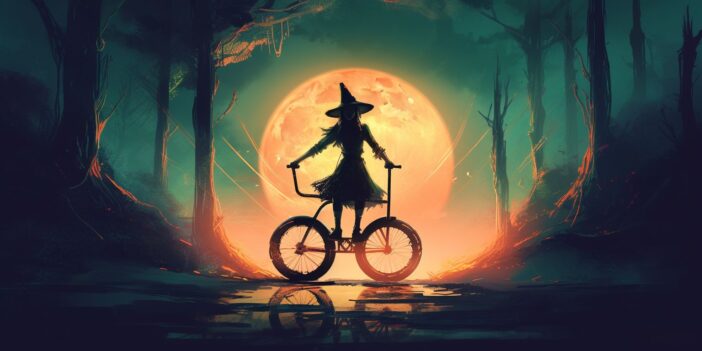 A witch riding a bicycle in the woods at night.