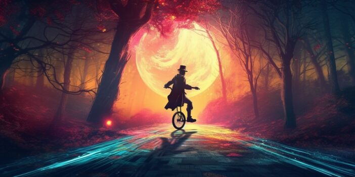 A person with a top hat riding a unicycle in a forest.