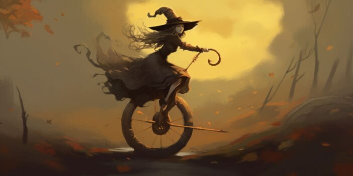 A witch riding a unicycle.