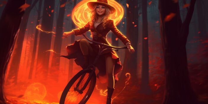 A witch riding a bicycle through the forest.