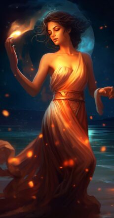 A woman in a dress holding a fire.