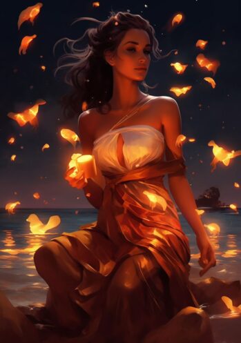 A woman in a dress holding a candle.