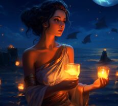 A woman holding candles in her hands.
