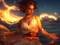 A woman in a white dress with fire in her hair.
