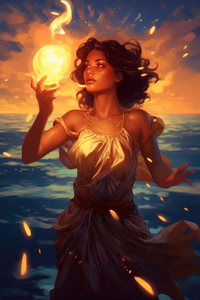 A woman holding a glowing ball.