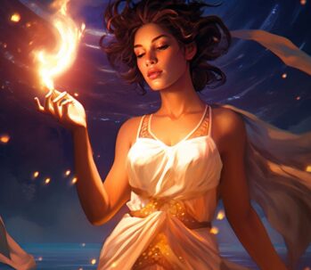A woman in a white dress holding a fire.