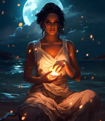 A woman holding a candle on the beach.