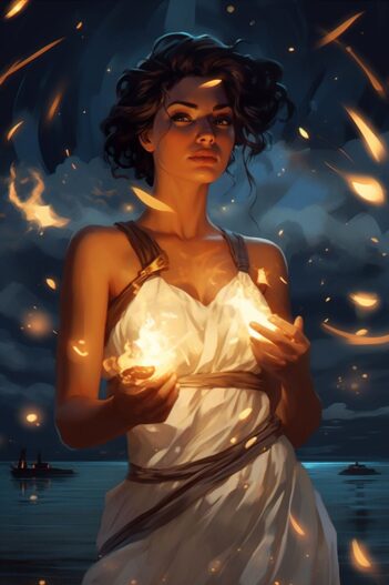 A woman holding fire in her hands.
