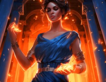 A woman in a blue dress holding fire.