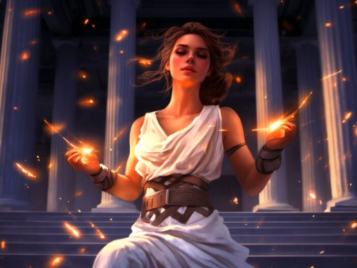 A woman in a white dress holding sparkles.