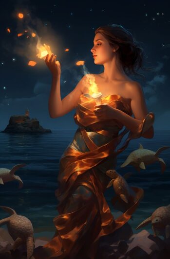 A woman holding a torch with fire and fish around her.